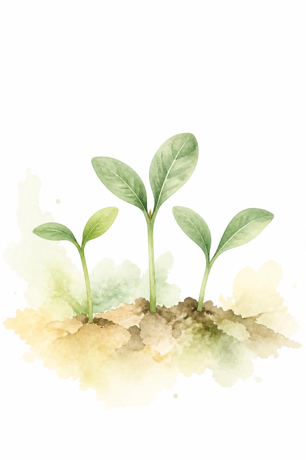 Watercolor illustration of young green seedlings growing from soft earth